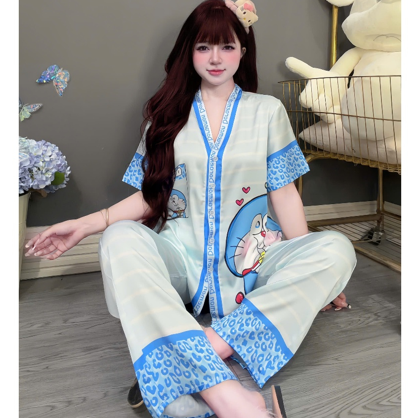 Đồ bộ mặc nhà nữ dễ thương,đồ ngủ lụa cao cấp tiểu thư,pijama cổ Y nút đính kim mịn mát hotrend[100]