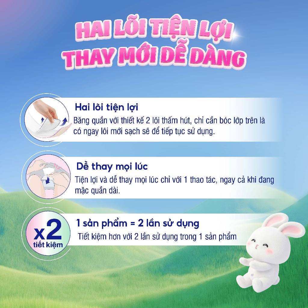 [MỚI] Băng Quần 2 lõi Diana Double Fresh, size M-L/L-XL 6 miếng/gói, thay lõi dễ dàng, không lộ viền