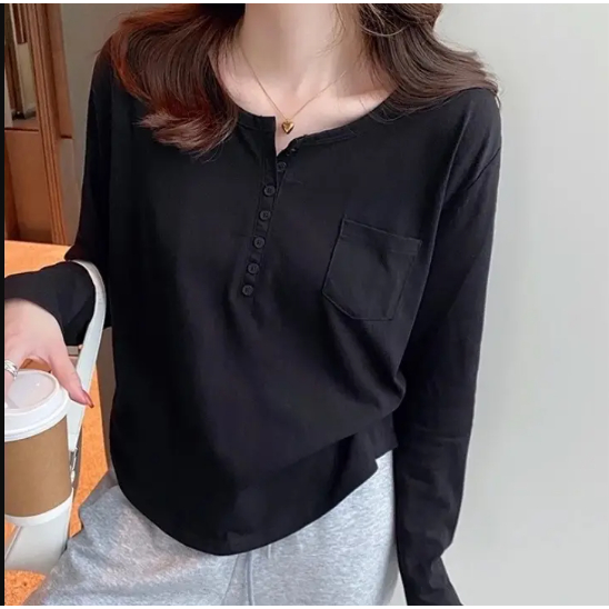 Áo thun dài tay nữ basic có túi sành điệu thun cotton co giãn thoáng mát thấm hút mồ hôi