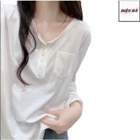 Áo thun dài tay nữ basic có túi sành điệu thun cotton co giãn thoáng mát thấm hút mồ hôi