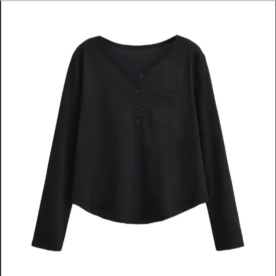Áo thun dài tay nữ basic có túi sành điệu thun cotton co giãn thoáng mát thấm hút mồ hôi