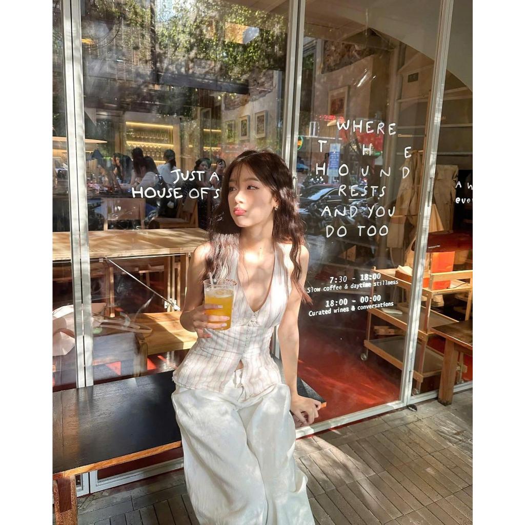 Áo Cổ Yếm Hở Lưng Cột Dây Cổ Kẻ Sọc Bo Eo Fit Dáng Đi Biển Vải Linen Cao Cấp SAN Clothings - P197