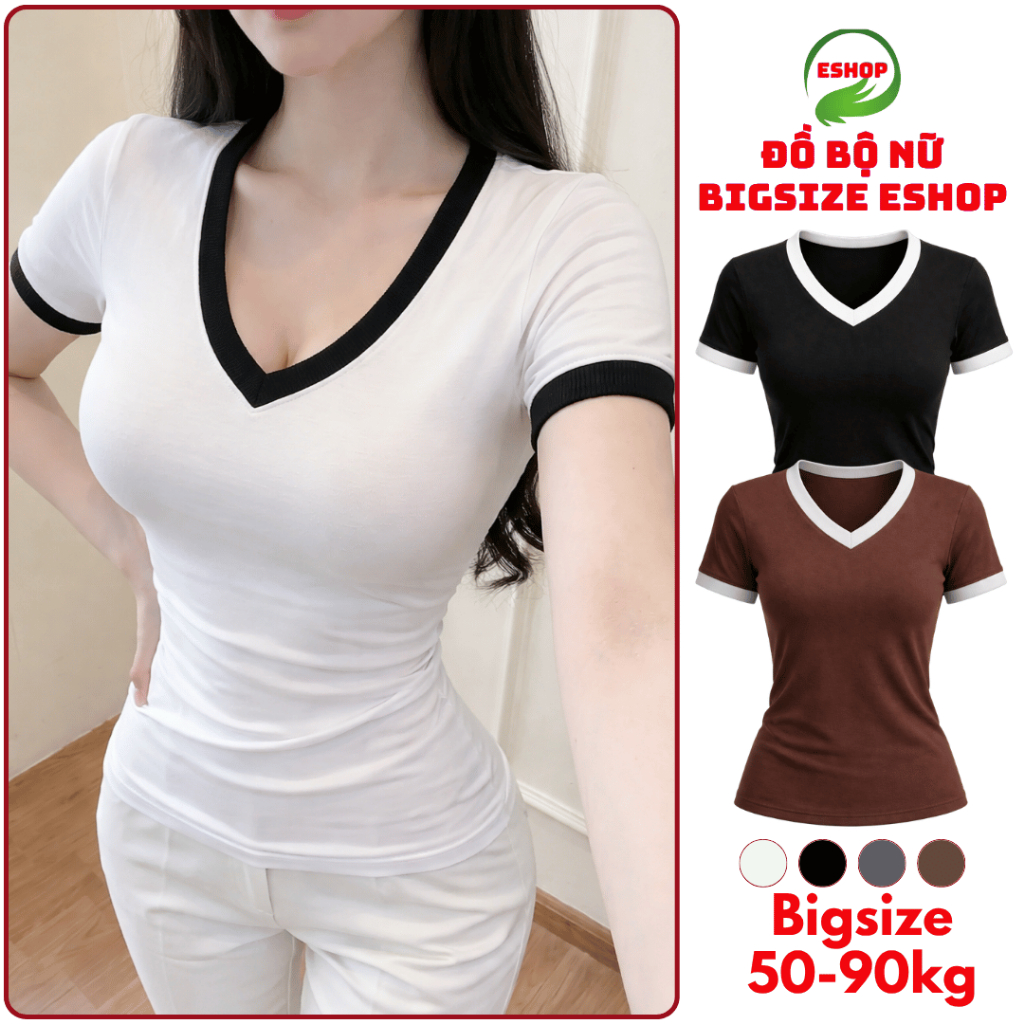 Áo Thun Nữ Bigsize Áo Thun Cổ Tim Tay Ngắn Áo Kiểu Cổ V Ôm Đẹp Dễ Thương Áo Phong Trơn Xinh MS166