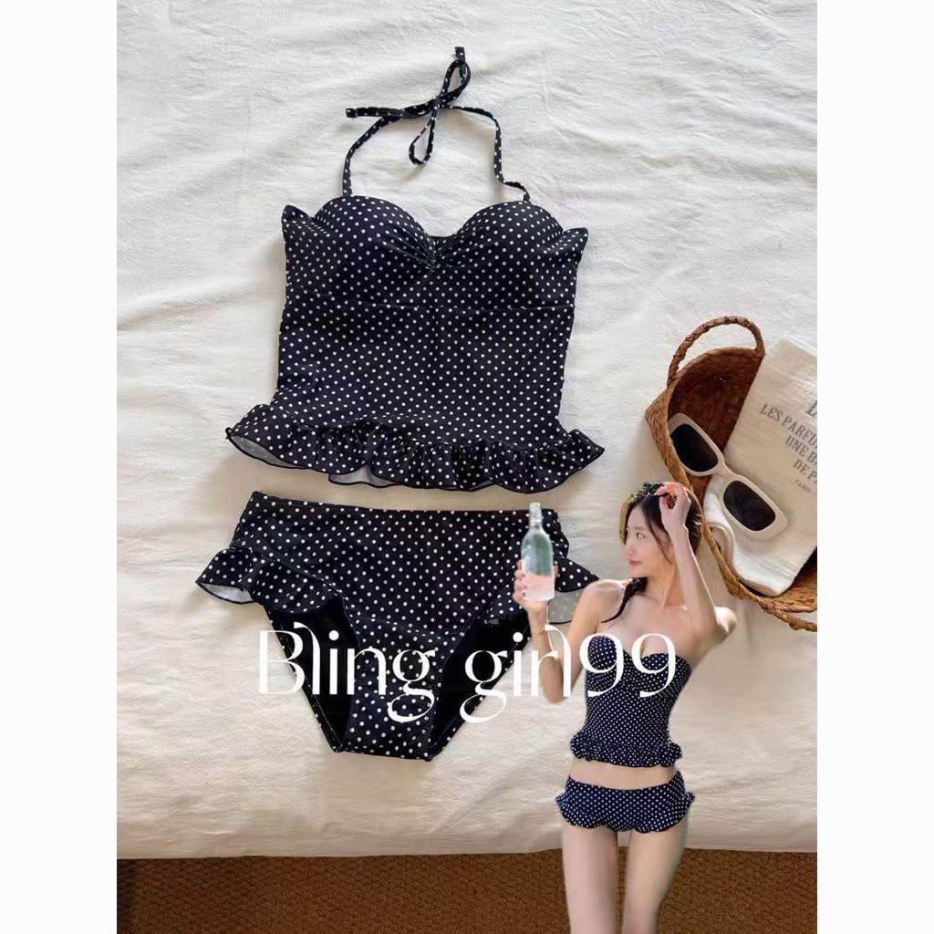 (OOrder 7-15n) Set BiKiNi Áo Quây Chấm Bi Màu Xanh Than Có Cúp Ngực Dây Nơ Buộc Cổ Kèm Quần❤️