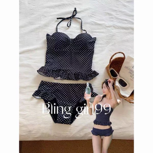 Set BiKiNi Áo Quây Chấm Bi Màu Xanh Than Có Cúp Ngực Dây Nơ Buộc Cổ Kèm Quần❤️