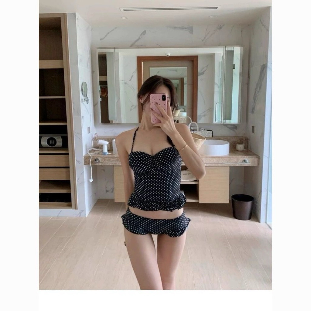 (OOrder 7-15n) Set BiKiNi Áo Quây Chấm Bi Màu Xanh Than Có Cúp Ngực Dây Nơ Buộc Cổ Kèm Quần❤️