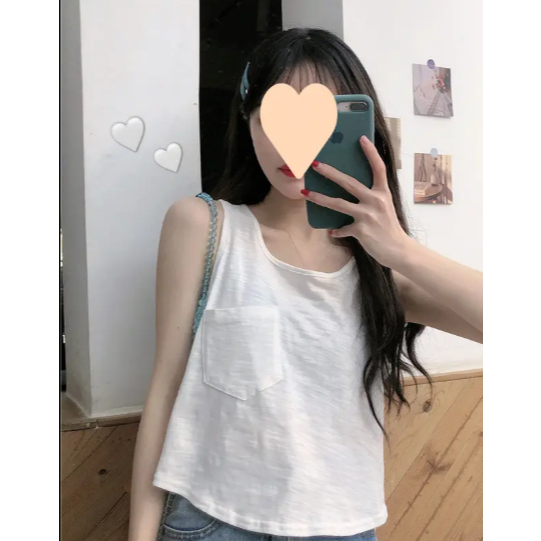 Áo ba lỗ nữ trơn có túi đơn giản basic freesize dưới 63kg thun cotton co giãn thoáng mát
