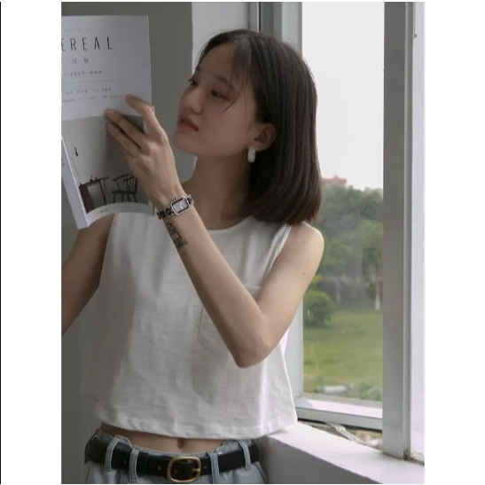 Áo ba lỗ nữ trơn có túi đơn giản basic freesize dưới 63kg thun cotton co giãn thoáng mát