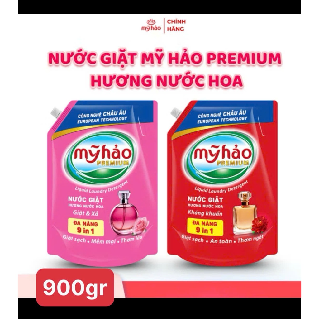 Nước Giặt Cao Cấp Công Nghệ Châu Âu 9IN1 Mỹ Hảo | Hương Nước Hoa Giặt Tay Và Giặt Máy | Túi 900gr