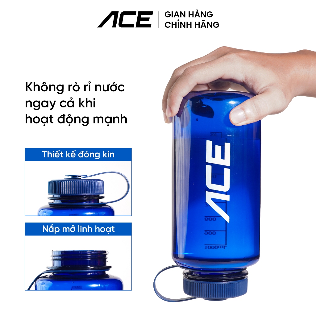 Bình Nước Thể Thao ACE 1L – Nhựa Cao Cấp Không BPA, Chống Rò Rỉ, Có Vạch 500ml Pha Điện Giải – Gym, Chạy bộ, Cầu lông
