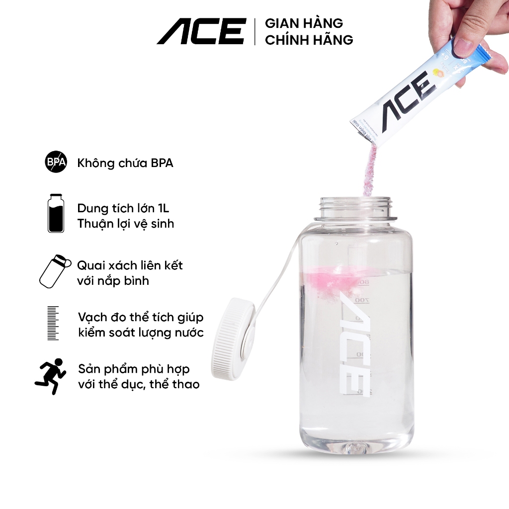 Bình Nước Thể Thao ACE 1L – Nhựa Cao Cấp Không BPA, Chống Rò Rỉ, Có Vạch 500ml Pha Điện Giải – Gym, Chạy bộ, Cầu lông