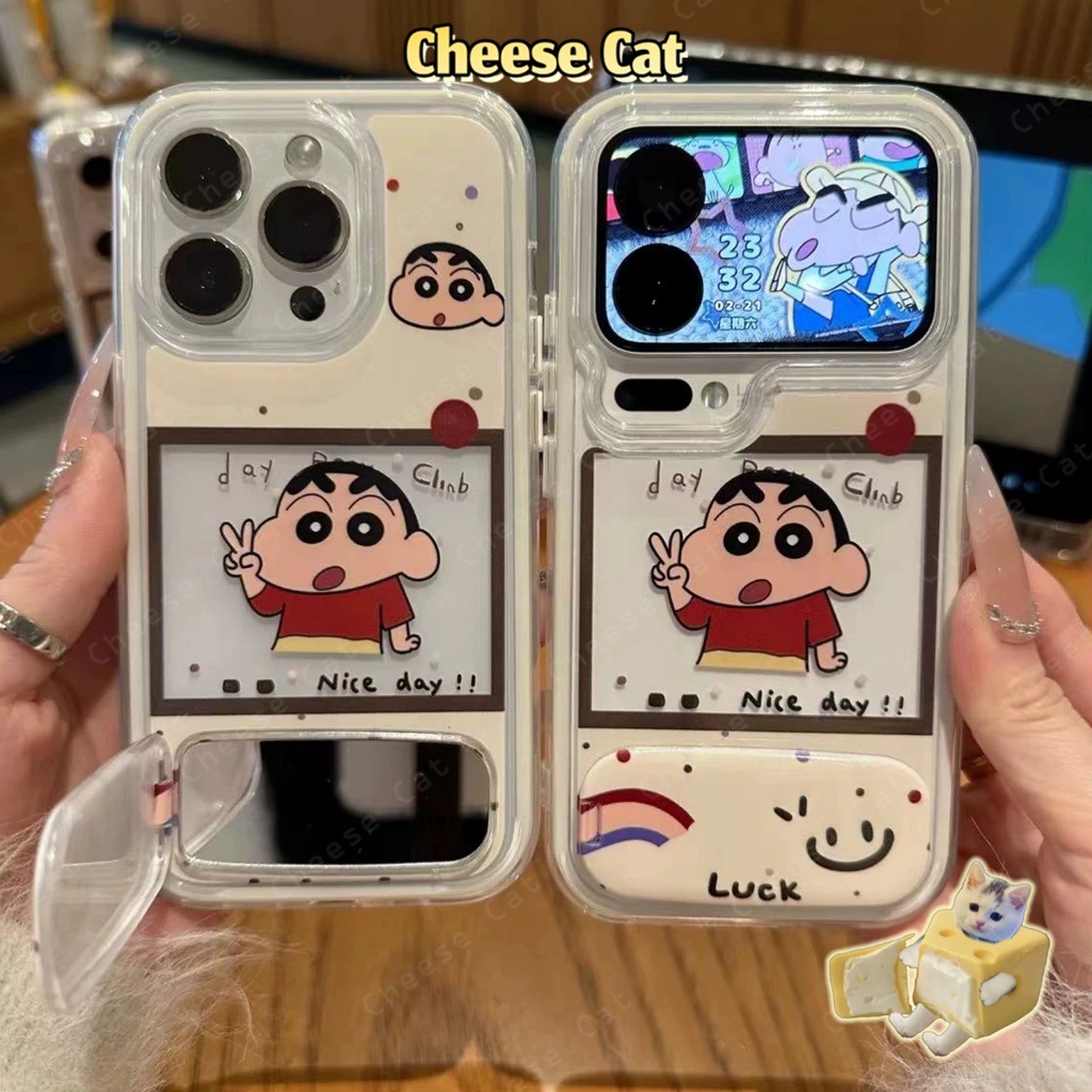 Giá đỡ điện thoại gương Vỏ điện thoại Shin hoạt hình Polaroid dễ thương cho iPhone 14 15 16 13 12 11 17 Pro Max 17 Air