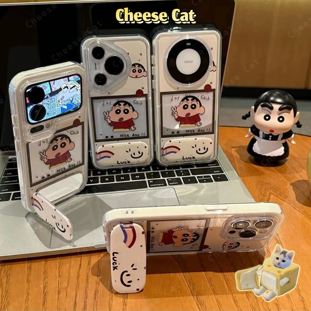 Giá đỡ điện thoại gương Vỏ điện thoại Shin hoạt hình Polaroid dễ thương cho iPhone 14 15 16 13 12 11 17 Pro Max 17 Air