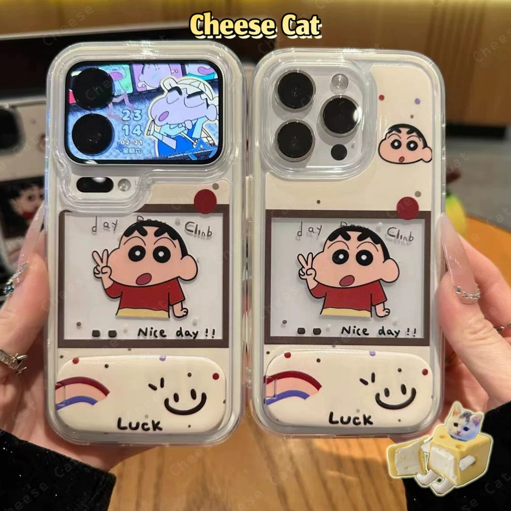 Giá đỡ điện thoại gương Vỏ điện thoại Shin hoạt hình Polaroid dễ thương cho iPhone 14 15 16 13 12 11 17 Pro Max 17 Air