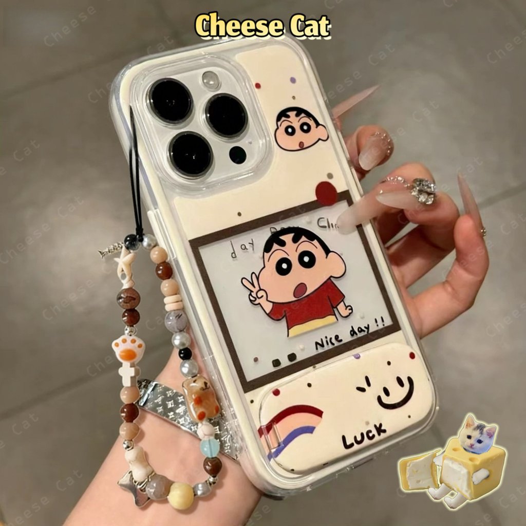 Giá đỡ điện thoại gương Vỏ điện thoại Shin hoạt hình Polaroid dễ thương cho iPhone 14 15 16 13 12 11 17 Pro Max 17 Air