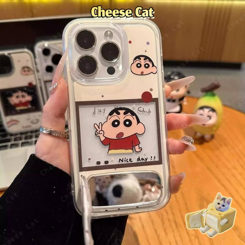 Giá đỡ điện thoại gương Vỏ điện thoại Shin hoạt hình Polaroid dễ thương cho iPhone 14 15 16 13 12 11 17 Pro Max 17 Air