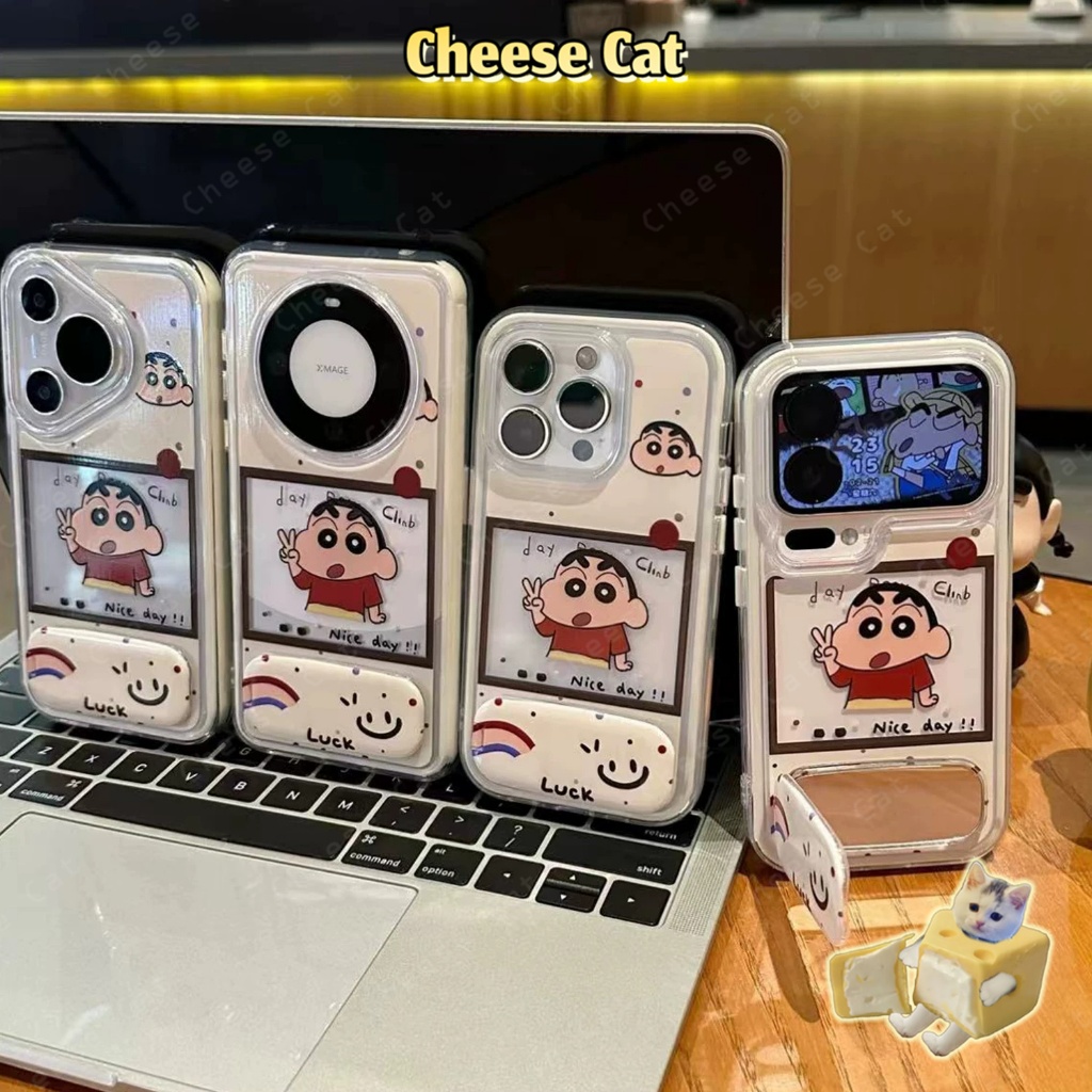 Giá đỡ điện thoại gương Vỏ điện thoại Shin hoạt hình Polaroid dễ thương cho iPhone 14 15 16 13 12 11 17 Pro Max 17 Air
