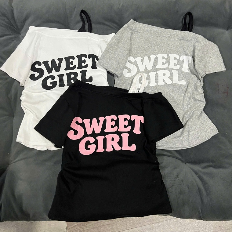 SWEEY GIRL Áo Thun Lệch Vào Chất Coton Tăm Mẫu Mới 2026 Hottrend Màu Trắng Xám Đen