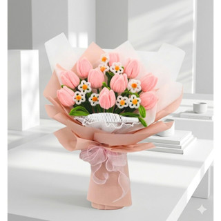 (Set Tự Làm) Bó Hoa Tulip Kẽm Nhung Handmade Mix Hoa Cúc Trắng Và Hoa Lily Hồng - Vẻ Đẹp Tinh Tế, Bền Lâu