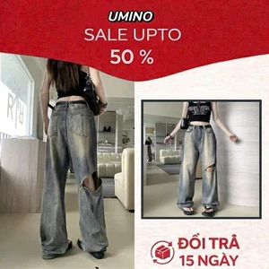 Quần jeans ống rộng, Quần bò xám bụi vàng Rách Gối phong cách hiện đại HOT LN 02