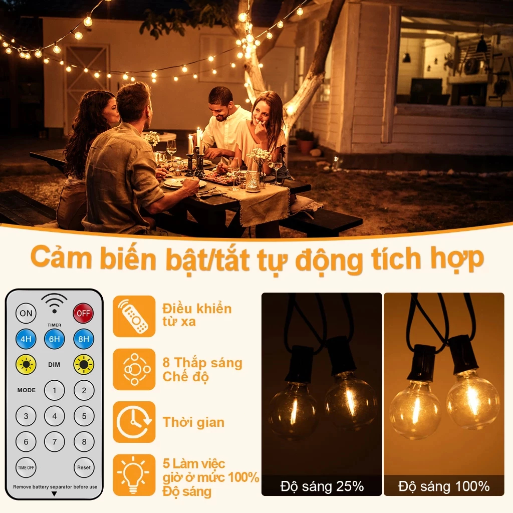 Đèn dây LED G40 Năng Lượng Mặt Trời-8 Chức Năng Điều Khiển-Trang Trí Tiệc Ngoài Trời, Sân Vườn