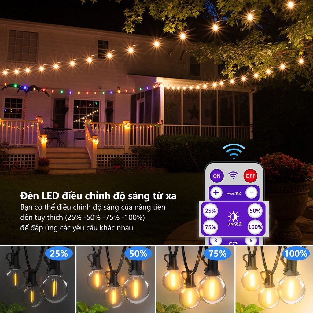 Đèn dây LED G40 Năng Lượng Mặt Trời-8 Chức Năng Điều Khiển-Trang Trí Tiệc Ngoài Trời, Sân Vườn