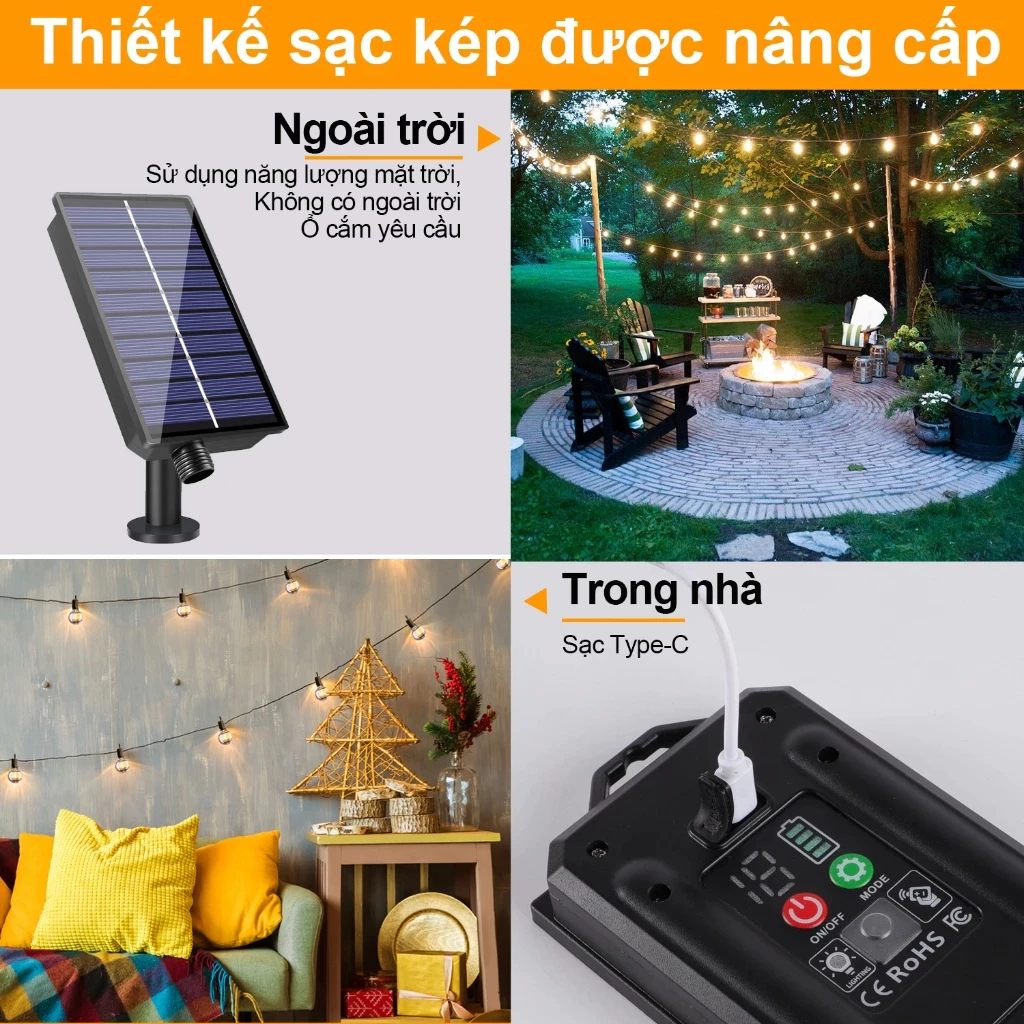 Đèn dây LED G40 Năng Lượng Mặt Trời-8 Chức Năng Điều Khiển-Trang Trí Tiệc Ngoài Trời, Sân Vườn