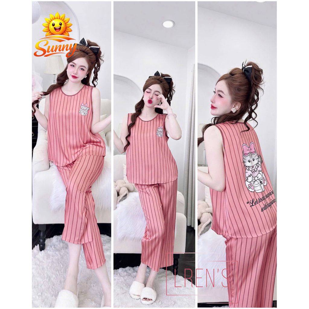 [ Size40/60kg Đồ Lửng191124 ]Đồ bộ nữ mặc nhà áo sát nách quần 9 tấc form cổ tim sang chảnh chất lụa latin