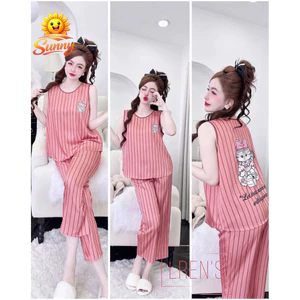 Đồ bộ nữ mặc nhà áo sát nách quần 9 tấc form cổ tim sang chảnh chất lụa latin