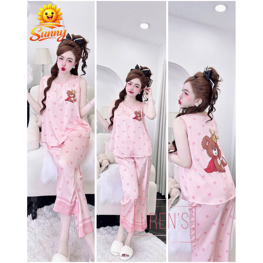 [ Size40/60kg Đồ Lửng191124 ]Đồ bộ nữ mặc nhà áo sát nách quần 9 tấc form cổ tim sang chảnh chất lụa latin