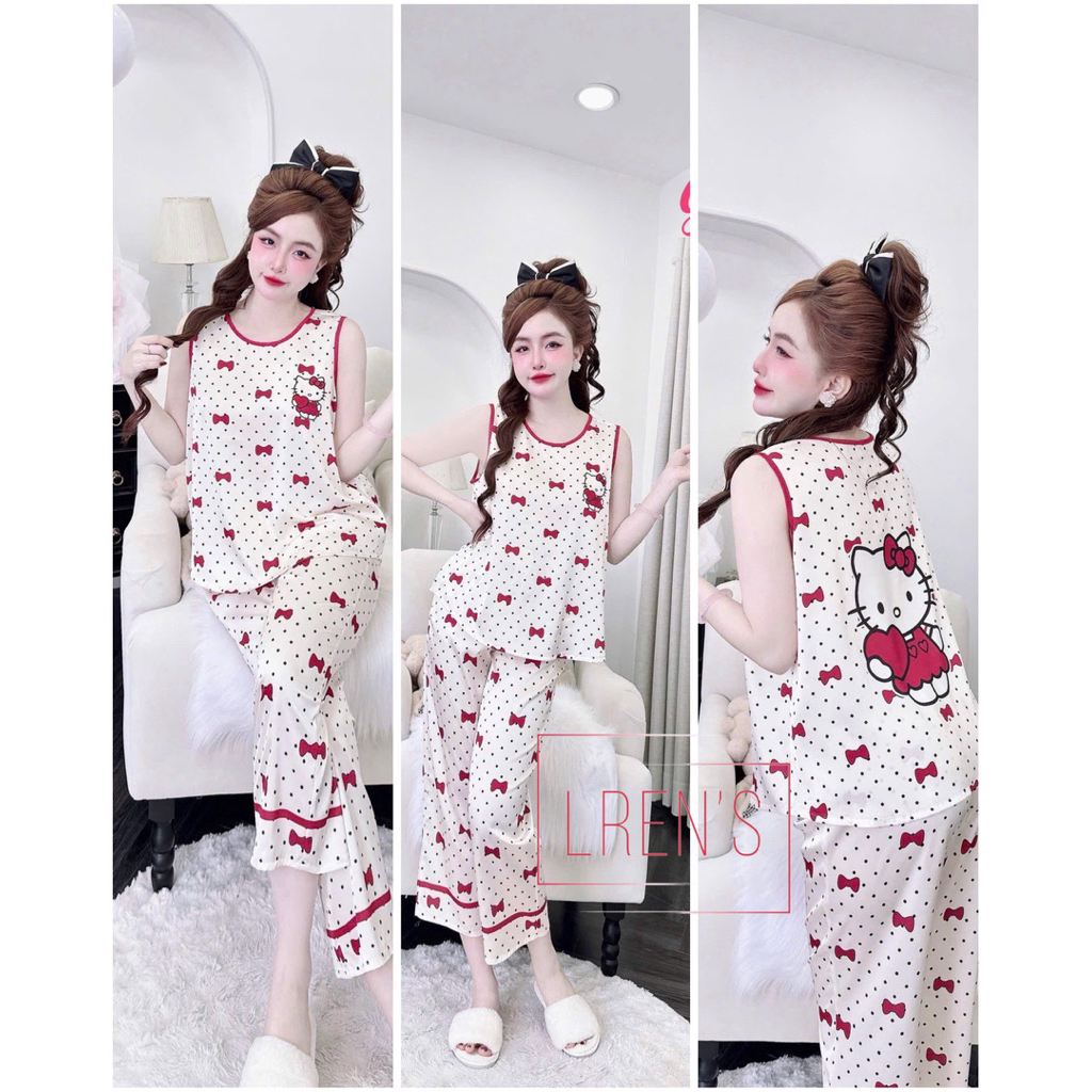 [ Size40/60kg Đồ Lửng191124 ]Đồ bộ nữ mặc nhà áo sát nách quần 9 tấc form cổ tim sang chảnh chất lụa latin