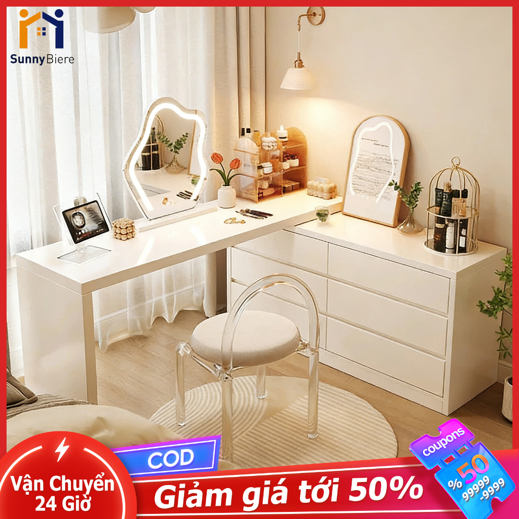 Sunny Bàn Trang Điểm Tủ Gỗ SUNNY Chữ L Kéo Dài Xoay 360 Tự Do Đổi Góc Mặt Dày 25mm Đa Năng