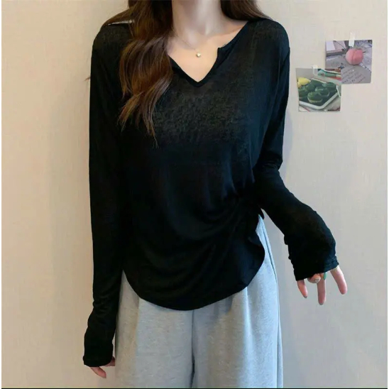 Áo thun dài tay nữ basic cổ V sành điệu thun cotton co giãn thoáng mát thấm hút mồ hôi hình đơn giản trẻ trung