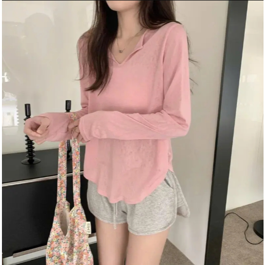 Áo thun dài tay nữ basic cổ V sành điệu thun cotton co giãn thoáng mát thấm hút mồ hôi hình đơn giản trẻ trung