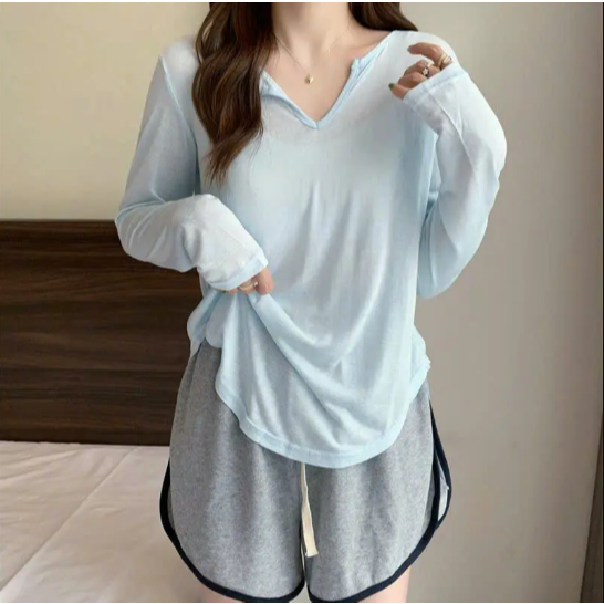 Áo thun dài tay nữ basic cổ V sành điệu thun cotton co giãn thoáng mát thấm hút mồ hôi hình đơn giản trẻ trung