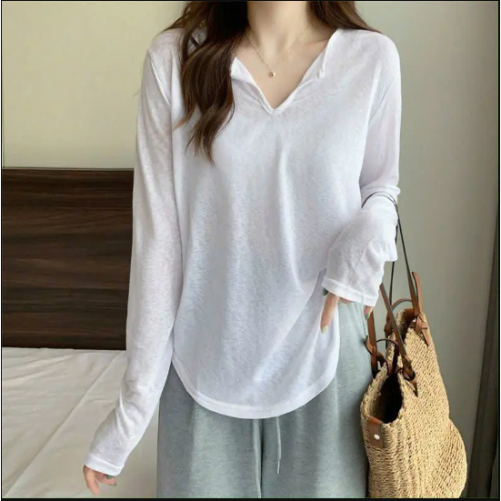 Áo thun dài tay nữ basic cổ V sành điệu thun cotton co giãn thoáng mát thấm hút mồ hôi hình đơn giản trẻ trung