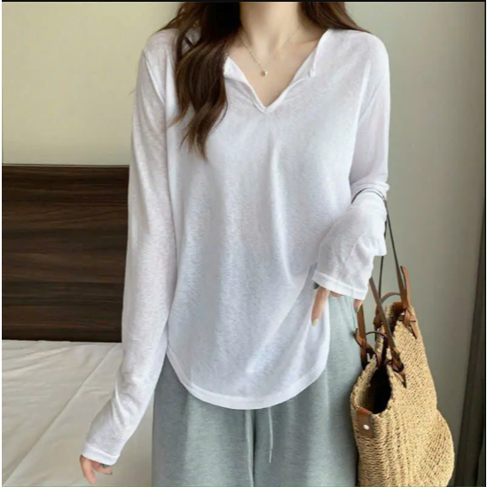 Áo thun dài tay nữ basic cổ V sành điệu thun cotton co giãn thoáng mát thấm hút mồ hôi hình đơn giản trẻ trung