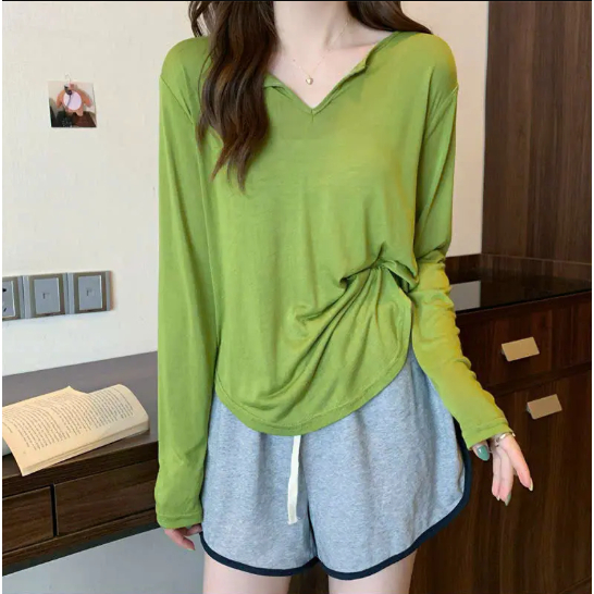 Áo thun dài tay nữ basic cổ V sành điệu thun cotton co giãn thoáng mát thấm hút mồ hôi hình đơn giản trẻ trung