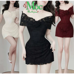 Đầm váy ngắn, đầm thiết kế đi tiệc ôm body dáng mini cúp ngực trễ vai Ren đính hoa có quần kèm theo