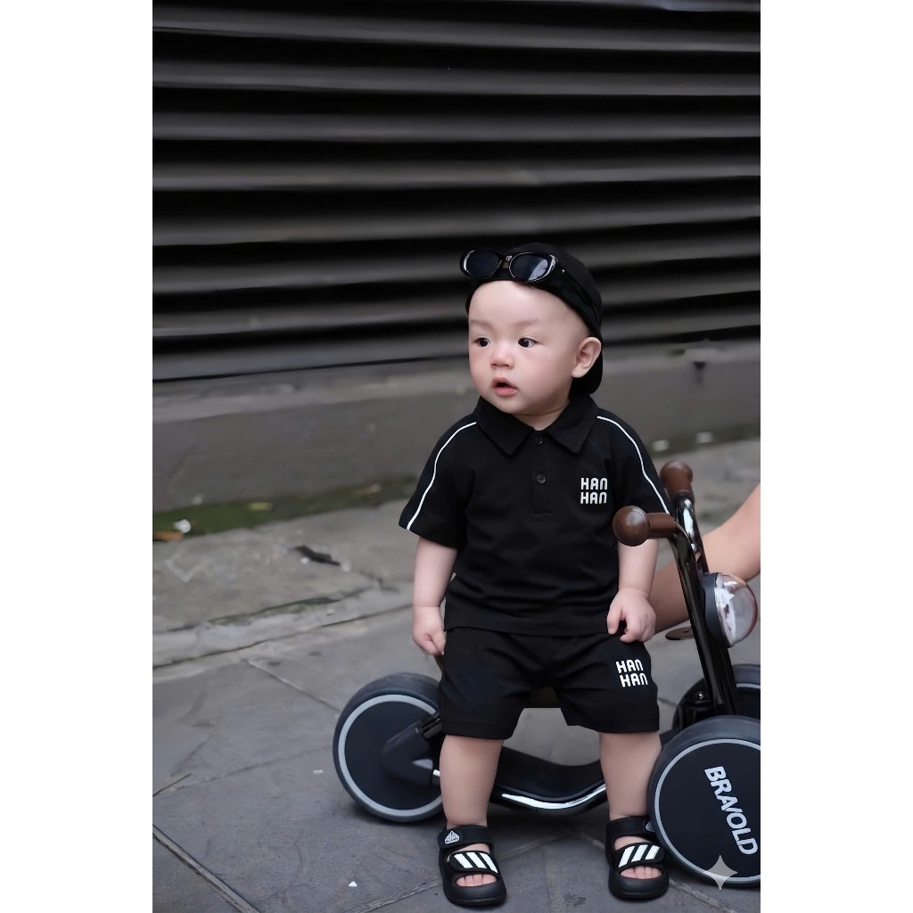 Set Đồ Bé Trai Polo Đen HANHAN, Bộ Quần Áo Bé Trai Cotton Cao Cấp 6-15kg Phong Cách Hàn Quốc A30