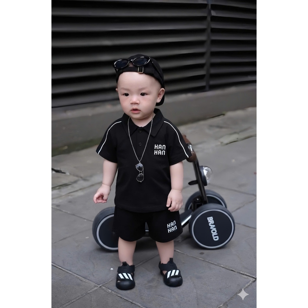 Set Đồ Bé Trai Polo Đen HANHAN, Bộ Quần Áo Bé Trai Cotton Cao Cấp 6-15kg Phong Cách Hàn Quốc A30
