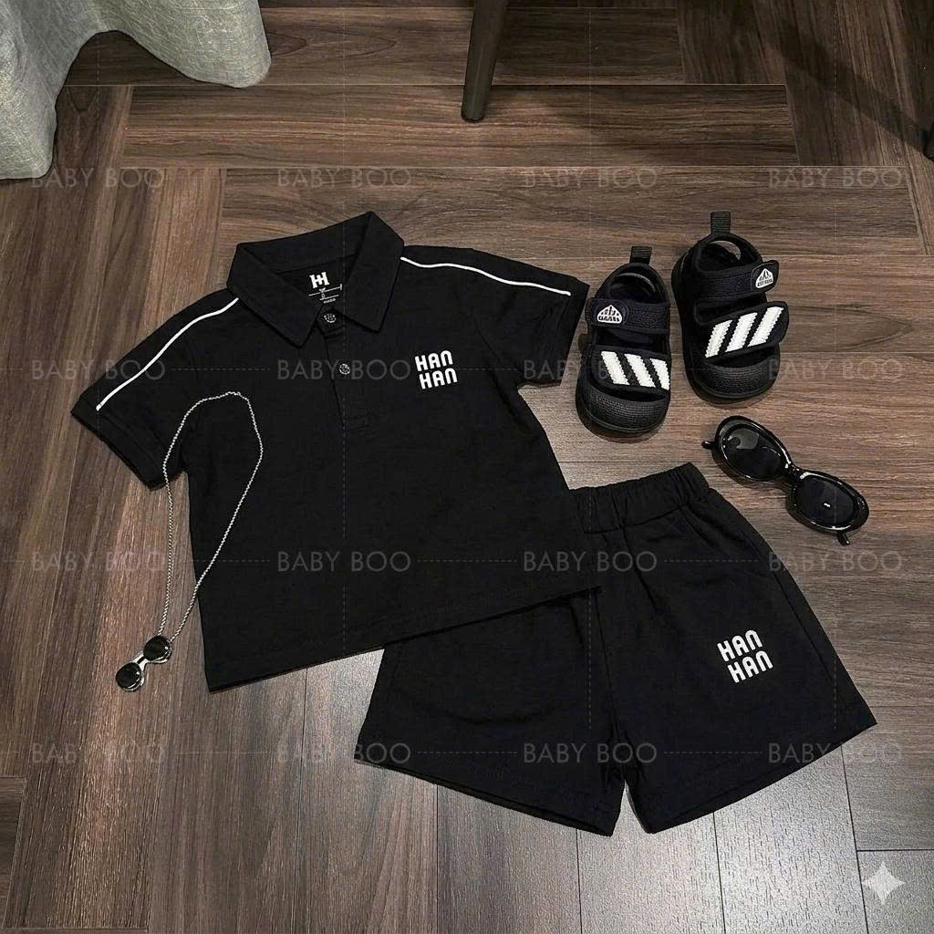 Set Đồ Bé Trai Polo Đen HANHAN, Bộ Quần Áo Bé Trai Cotton Cao Cấp 6-15kg Phong Cách Hàn Quốc A30