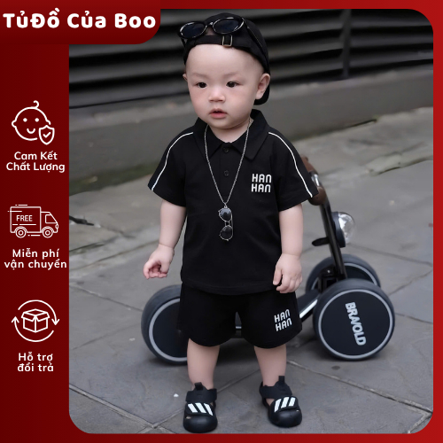 Set Đồ Bé Trai Polo Đen HANHAN, Bộ Quần Áo Bé Trai Cotton Cao Cấp 6-15kg Phong Cách Hàn Quốc A30