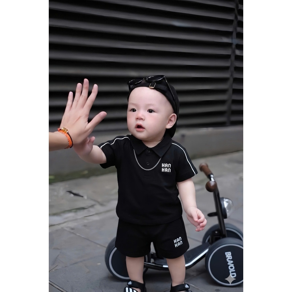 Set Đồ Bé Trai Polo Đen HANHAN, Bộ Quần Áo Bé Trai Cotton Cao Cấp 6-15kg Phong Cách Hàn Quốc A30