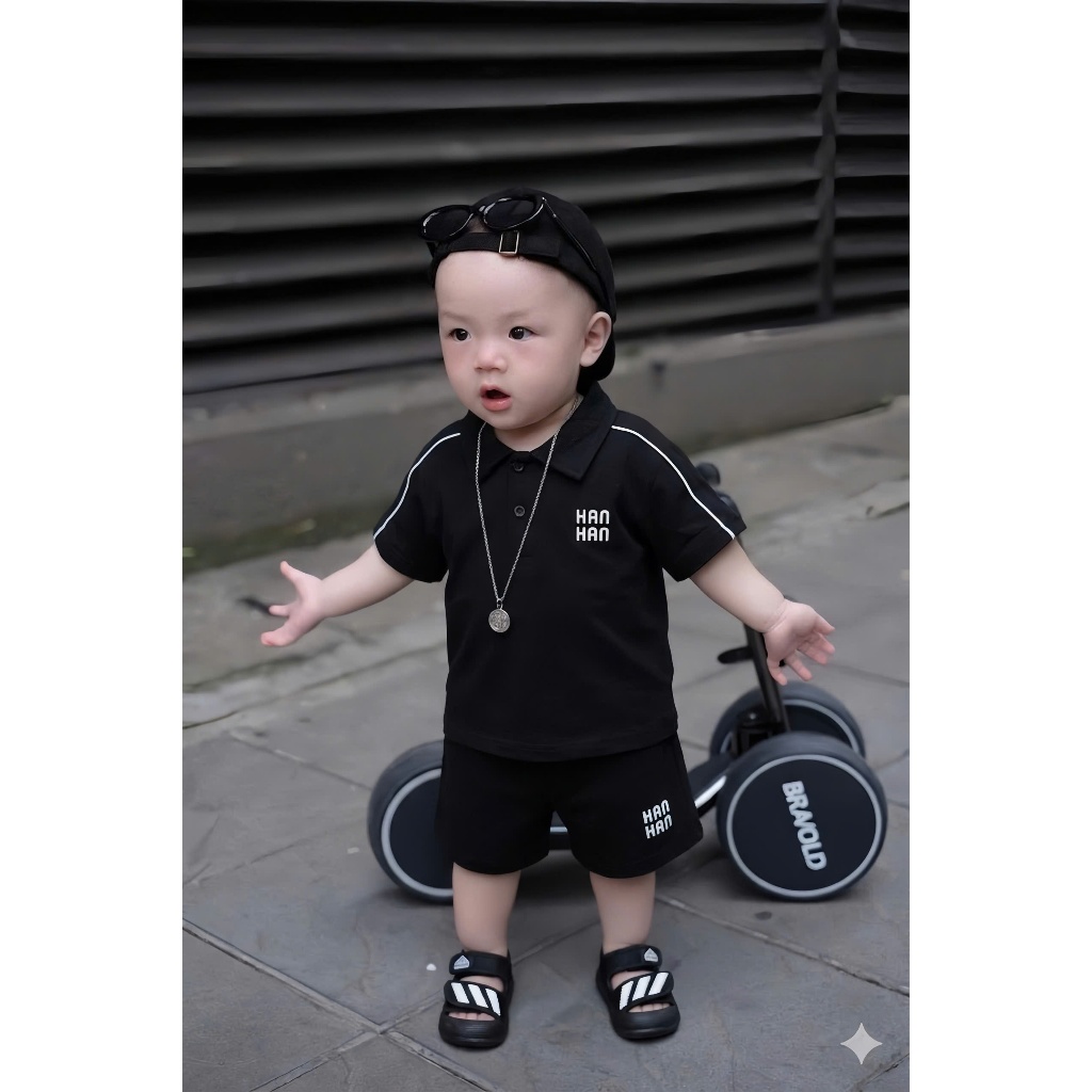 Set Đồ Bé Trai Polo Đen HANHAN, Bộ Quần Áo Bé Trai Cotton Cao Cấp 6-15kg Phong Cách Hàn Quốc A30