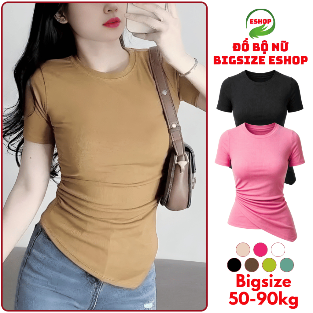 Áo Thun Nữ Bigsize ESHOP Áo Kiểu Nữ Sang Chảnh Vạt Xéo Cổ Trụ Thun Tăm Lạnh Co Giãn Dễ Thương AT69