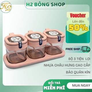 Set 3 Hủ Gia Vị Châu Hưng Kèm Thìa, Có Khay Để Gia Vị Chống Trượt