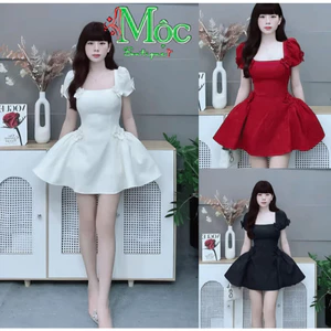QC_ Đầm váy ngắn, đầm thiết kế đi tiệc Xước Hàn cổ vuông hoa dập nổi dáng ngắn có lót cho dạo phố