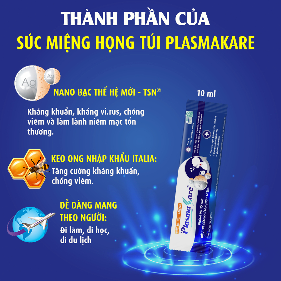 Súc Họng Miệng Nano Bạc PlasmaKare (Hộp 25 túi*10ml) Kiểm Soát Nhiễm Trùng Miệng Họng