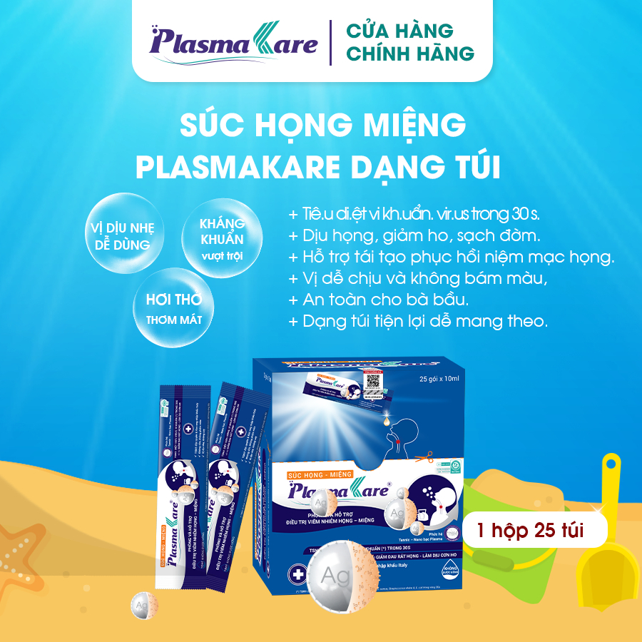 Súc Họng Miệng Nano Bạc PlasmaKare (Hộp 25 túi*10ml) Kiểm Soát Nhiễm Trùng Miệng Họng